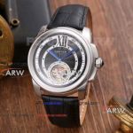 Perfect Replica Cartier Calibre tourbillon SS Leather Strap Watch
